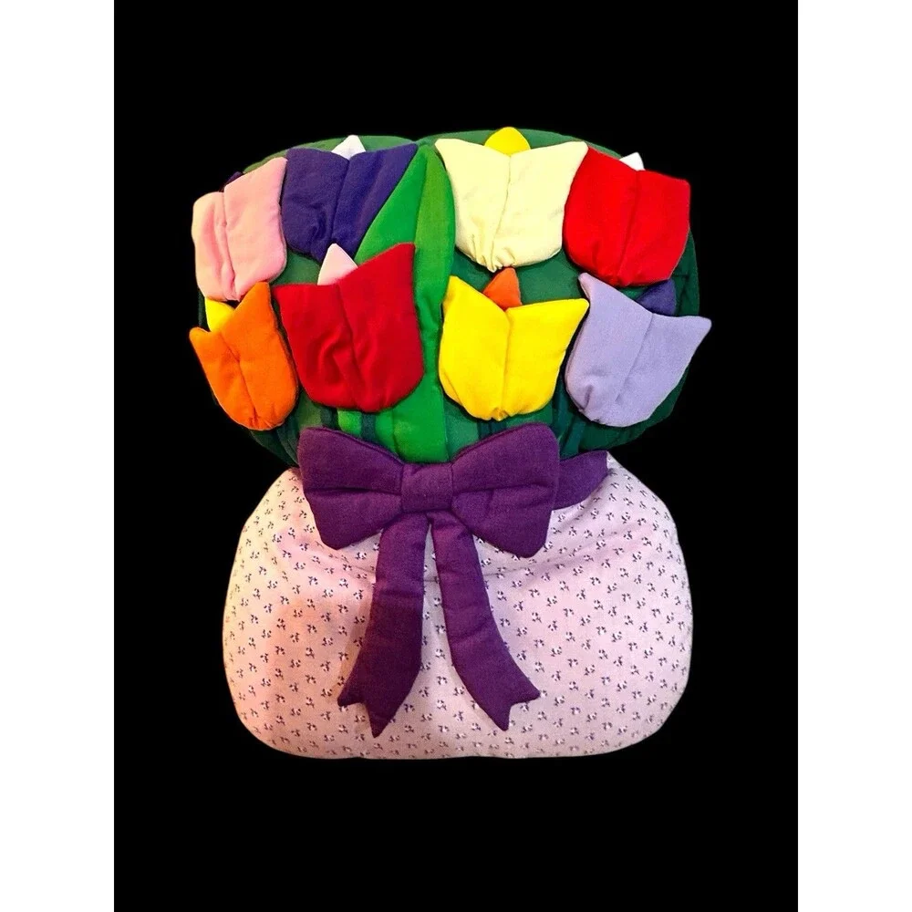 Vtg Bouquet Of Spring Tulips Plush Wall Decoration Or Pillow Cotton Colorful